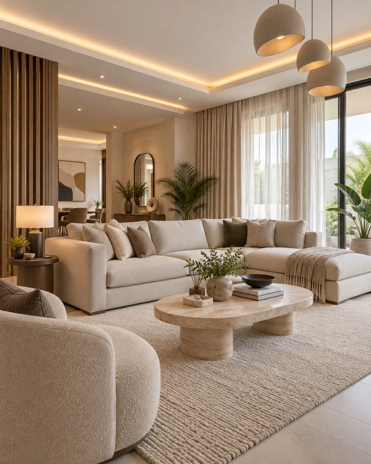 Interior mood image of a warm neutral contemporary living room