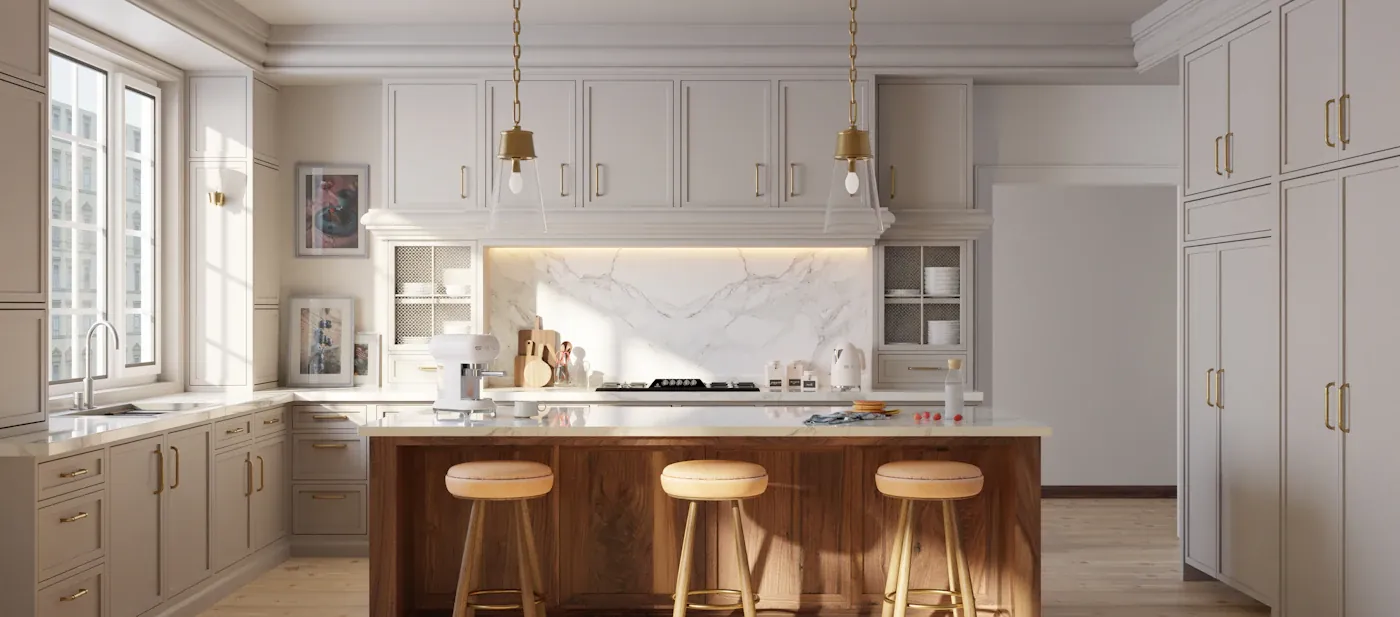 Interior mood image of a light contemporary kitchen with an island
